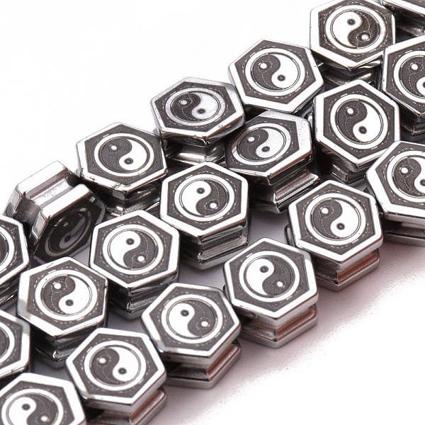 

PandaHall Feng Shui Electroplate Non-magnetic Synthetic Hematite Beads Strands, Hexagon with YinYang, Platinum Plated, 9x8x5mm, Hole: 2mm...