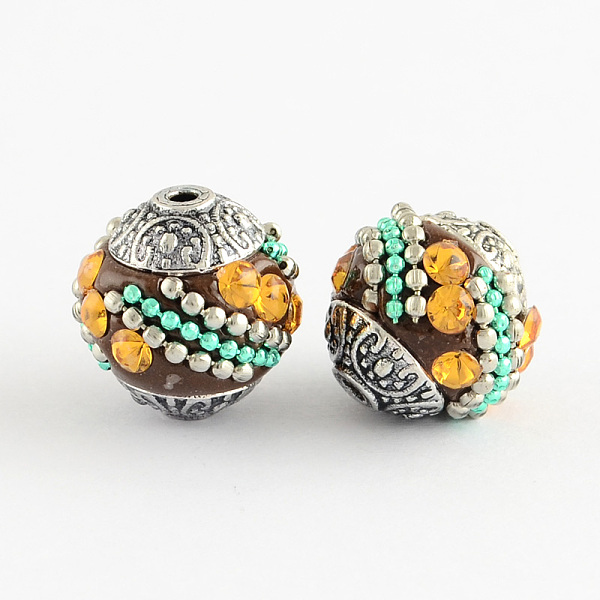 

PandaHall Handmade Indonesia Beads, with Light Topaz Rhinestones and Alloy Cores, Round, Antique Silver, Coconut Brown, 14~16x14~16mm, Hole..., Yellow