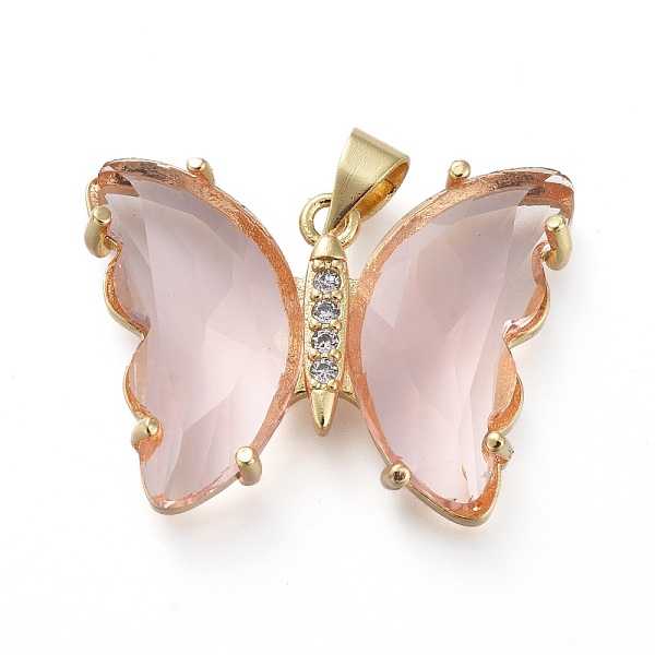 

PandaHall Brass Micro Pave Clear Cubic Zirconia Pendants, with Glass, Butterfly, Golden, Misty Rose, 20x26.5x5mm Brass+Glass Butterfly