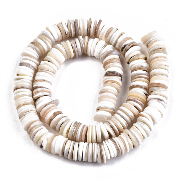 

PandaHall Natural Freshwater Shell Beads Strands, Disc/Flat Round, Heishi Beads, Shell Shards, Wheat, 9~10x1~2.5mm, Hole: 0.7mm, about..., Orange