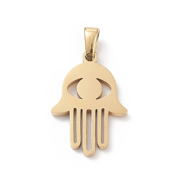 

PandaHall Vacuum Plating 304 Stainless Steel Pendants, Laser Cut, Hamsa Hand Charms, Golden, 21x14.5x1.5mm, Hole: 2.5x5mm 304 Stainless...