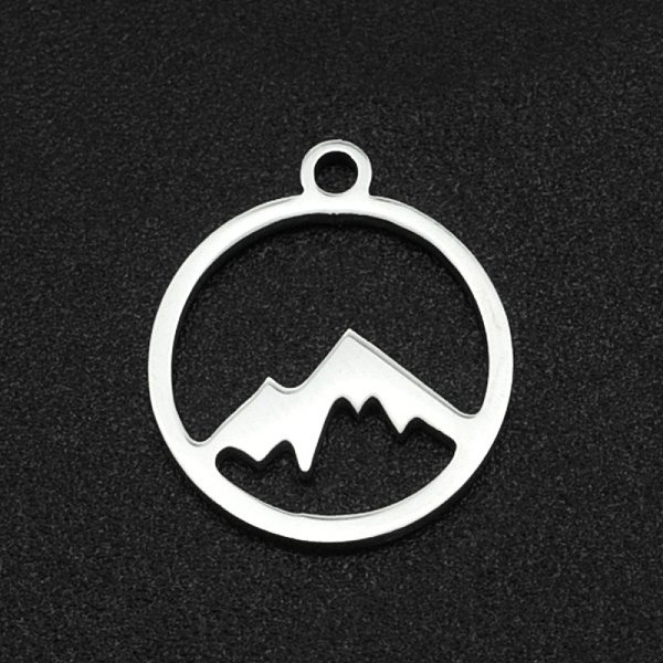 

PandaHall 304 Stainless Steel Charms, Laser Cut, Hollow, Flat Round with Mountain, Stainless Steel Color, 14x12x1mm, Hole: 1.2mm 304...