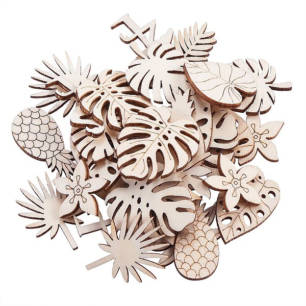 PandaHall 100Pcs Unfinished Wood Piece Decorations, DIY Craft Supplies, Hollow out Leaf & Flamingo & Pineapple & Flower, Antique White...