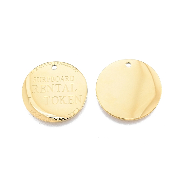 

PandaHall Ion Plating(IP) 304 Stainless Steel Pendants, Flat Round with Word SURFBOARD RENTAL TOKEN, Real 14K Gold Plated, 25x1mm, Hole: 2mm...