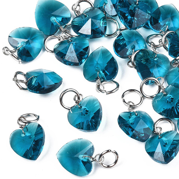 

PandaHall Faceted Transparent Glass Charms, with Iron Jump Ring, Heart, Dark Cyan, 13~14x10x5~6mm, Hole: 4mm Iron+Glass Heart
