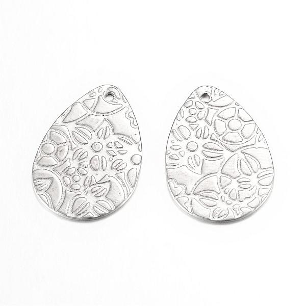 

PandaHall 201 Stainless Steel Pendant, Textured, teardrop, wth Floral Pattern , Stainless Steel Color, 24x16x0.8mm, Hole: 1mm 201 Stainless...