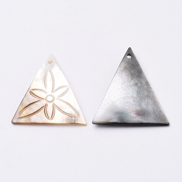 

PandaHall Black Lip Shell Pendants, Triangle with Flower, Black, 31~33x27~28x1.5~2.5mm, Hole: 1mm Black Lip Shell Triangle Black