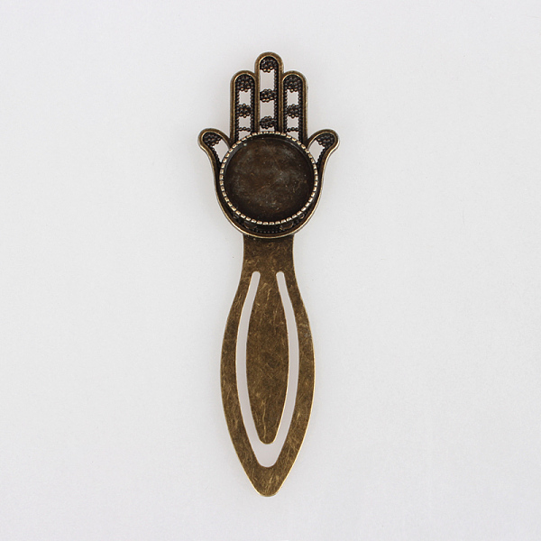 

PandaHall Antique Bronze Iron Bookmark Cabochon Settings, Hamsa Hand/Hand of Fatima/Hand of Miriam with Alloy Flat Round Tray, Cadmium Free...