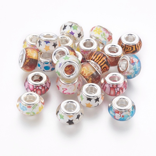 

PandaHall Resin European Beads, with Brass Cores, Large Hole Beads, Rondelle, Silver Color Plated, Mixed Color, 13x8mm, Hole: 4.8mm..., Multicolor