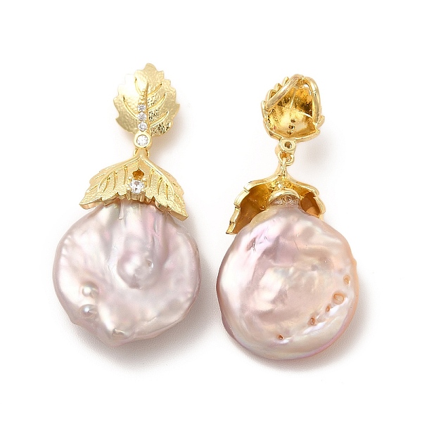 

PandaHall Brass Micro Pave Clear Cubic Zirconia Pendants, with Keshi Pearl, Flat Round Charm, Real 14K Gold Plated, 35x17x8mm, Hole: 4x2mm...