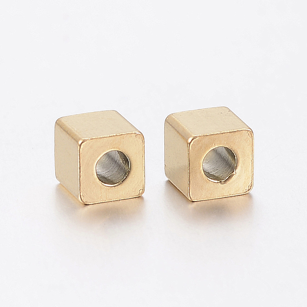 PandaHall Ion Plating(IP) 304 Stainless Steel Beads, Cube, Golden, 4x4x4mm, Hole: 2mm 304 Stainless Steel Cube