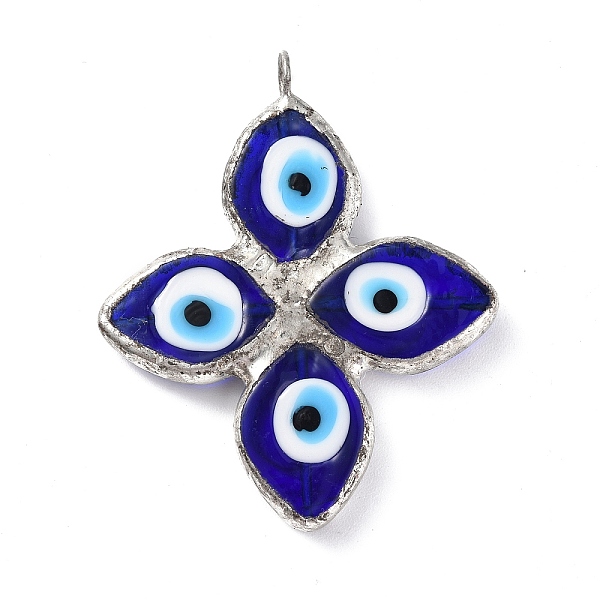 

PandaHall Handmade Lampwork Big Pendants, with Eco-friendly Platinum Tone Tin Findings, Cadmium Free & Lead Free, 4-Petal Flower with Evil...