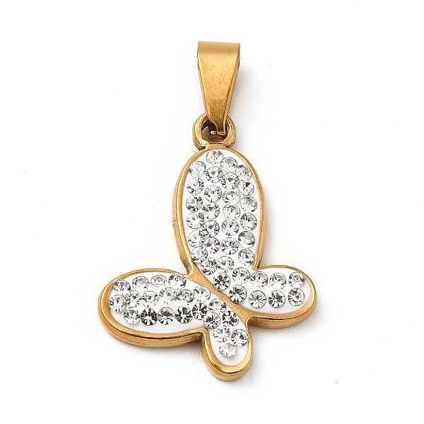 

PandaHall Polymer Clay Rhinestone Pendant, with Vacuum Plating 201 Stainless Steel, Butterfly, Golden, 21x21x4mm, Hole: 7x3.5mm Stainless..., White