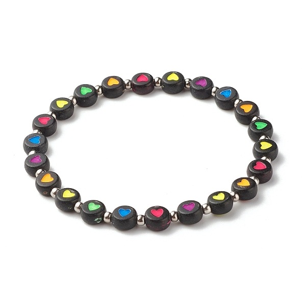 

PandaHall Flat Round with Heart Beaded Stretch Bracelet for Women, Stainless Steel Color, Black, Inner Diameter: 2-1/4 inch(5.7cm) Acrylic...