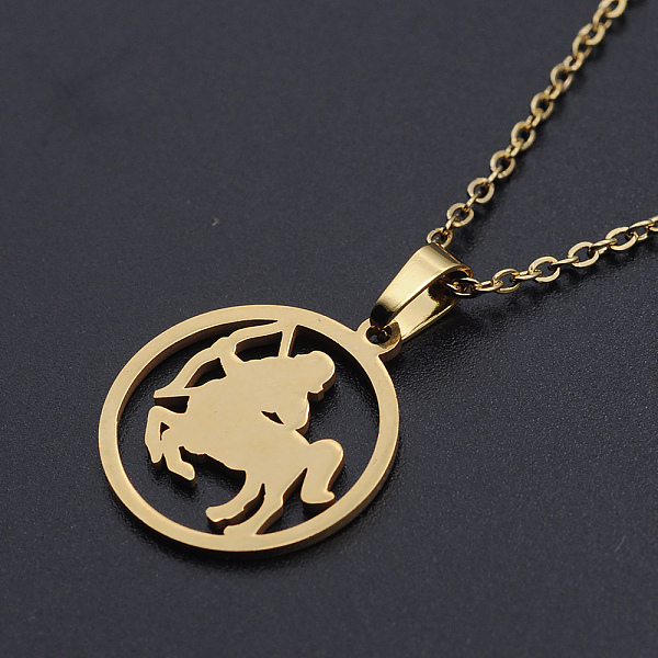 

PandaHall 201 Stainless Steel Pendants Necklaces, with Cable Chains and Lobster Claw Clasps, Flat Round with Constellation/Zodiac Sign...