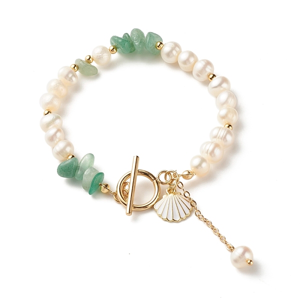 

PandaHall Natural Green Aventurine Chip Beaded Bracelet, Natural Pearl Bracelets for Women, with Shell Shape Charms, Golden, 7-5/8 inch...
