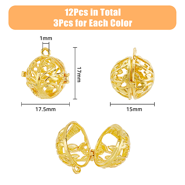 Dicosmetic 12 個 3 色チャイムボールペンダント生命の木ラウンドケージペンダントプラチナゴールデンタンブルロックビーズケージ中空ケージペンダント真鍮ロケットダングルチャームジュエリーメイキング用