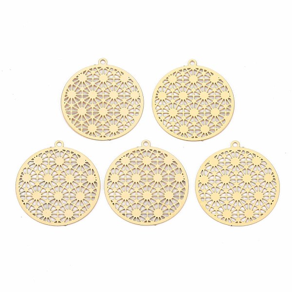

PandaHall Rack Plating 201 Stainless Steel Filigree Pendants, Etched Metal Embellishments, Nickel Free, Flat Round, Real 18K Gold Plated...