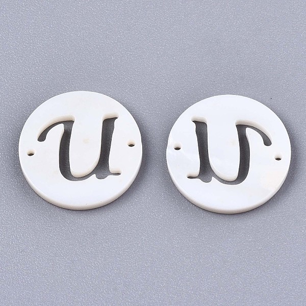 

PandaHall Natural Freshwater Shell Links Connectors, Flat Round with Letter, Letter.U, 14.5x1.5mm, Hole: 0.9mm Shell Letter U