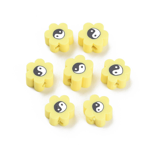 PandaHall Handmade Polymer Clay Beads, for DIY Jewelry Crafts Supplies, Flower with Yinyang, Champagne Yellow, 8~9x7.5~8.5x4~4.5mm, Hole...