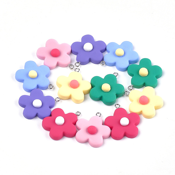 

PandaHall Resin Pendants, with Iron Findings, Flower, Platinum, Mixed Color, 28x25x7~8mm, Hole: 2mm Iron+Resin Flower Multicolor