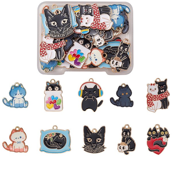 

PandaHall 30Pcs 10 Style Alloy Enamel & Printed Alloy Pendants, Light Gold, Mixed Cat Charm, Mixed Color, 20~27.5x19~25x1~.5mm, Hole: 2mm..., Multicolor