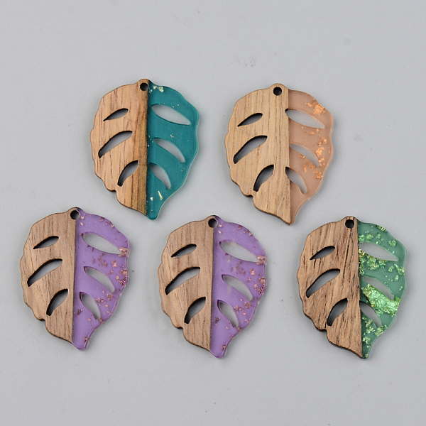 

PandaHall Transparent Resin & Walnut Wood Pendants, with Gold Foil, Leaf, Mixed Color, 37x28x3mm, Hole: 2mm Resin+Wood Leaf Multicolor