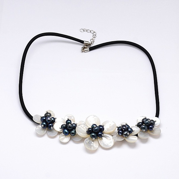 

PandaHall Flower Mother of Pearl Bib Statement Necklaces, with Pearl Beads and Brass Lobster Claw Clasps, Black, 18.5 inch Pearl Black