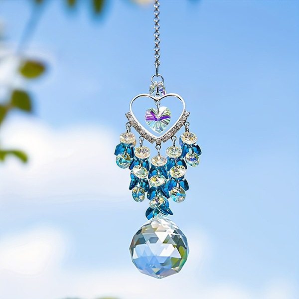 

PandaHall Glass Teardrop Hanging Suncatchers, Rainbow Maker, with Metal Heart Link and Glass Charm, for Garden Window Decoration, Deep Sky...