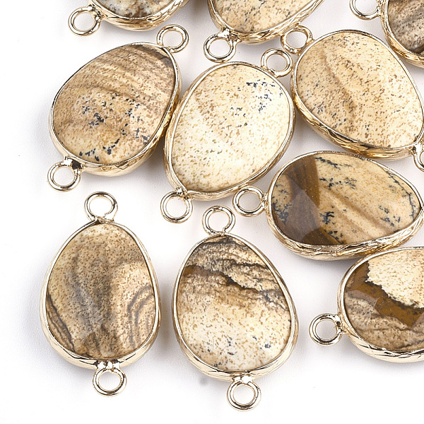 

PandaHall Natural Picture Jasper Links connectors, with Brass Findings, Nickel Free, Faceted, teardrop, Golden, 27.5x14.5~15x6~6.5mm, Hole...