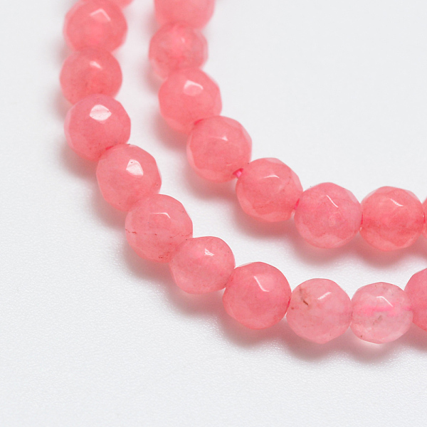 

PandaHall Natural White Jade Bead Strands, Dyed, Faceted, Round, Light Coral, 4mm, Hole: 1mm, about 88~89pcs/strand, 14.37~14.57 inch..., Red
