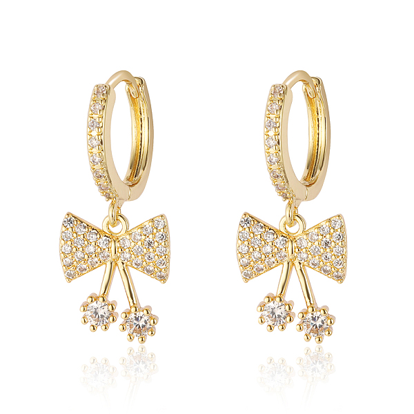 

PandaHall Clear Cubic Zirconia Bowknot Dangle Hoop Earrings, Brass Earrings, Real 18K Gold Plated, 26x10mm Cubic Zirconia Bowknot