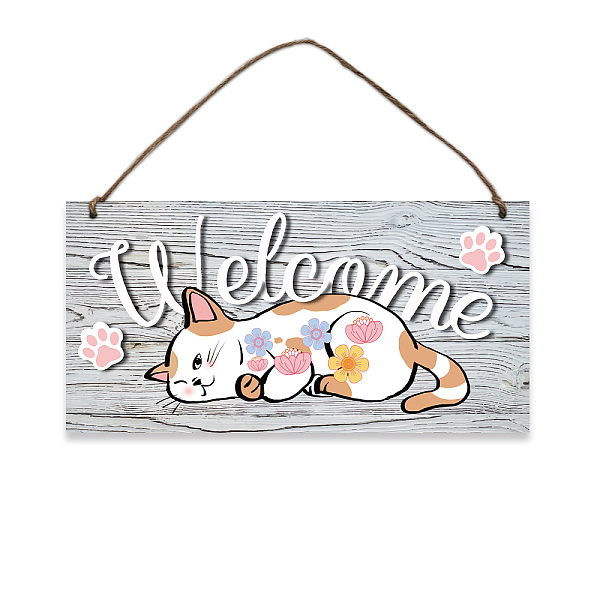PandaHall Welcome Wood Sign, Round Wood Hanging Plaque Rustic Farmhouse Wall Sign Decor Cat Flowers Patter Front Door Sign Decorations with...