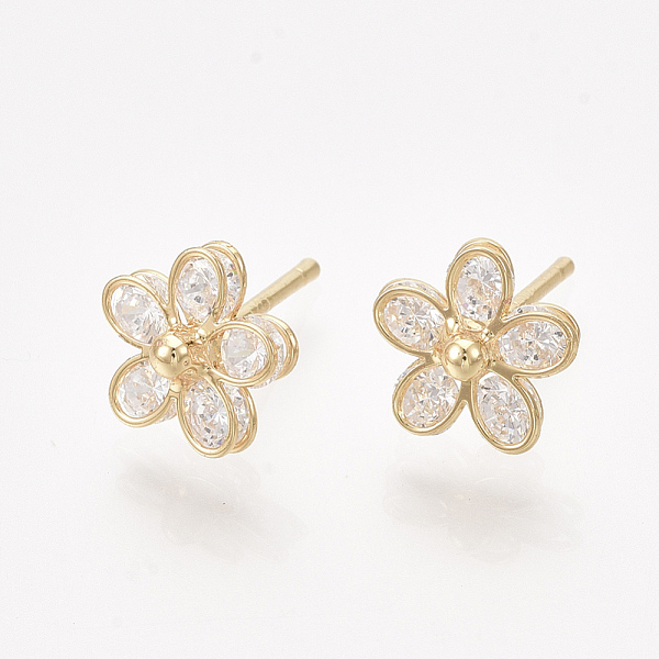 

PandaHall Brass Earring Studs, with Cubic Zirconia, Flower, Real 18K Gold Plated, 9x9mm, Pin: 0.8mm Cubic Zirconia Clear