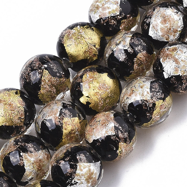 

PandaHall Handmade Gold Sand Lampwork Bead Strands, Half Silver Foil & Half Gold Foil, Round, Black, 11.5~12.5x11~12mm, Hole: 1.2mm, about...