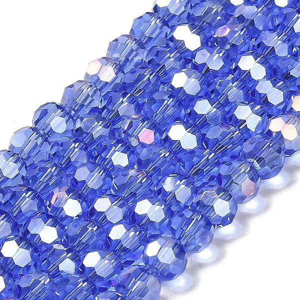 

PandaHall Transparent Glass Beads, 32 Facets, AB Color Plated, Round, Cornflower Blue, 6x5.5mm, Hole: 1.2mm, about 91~93pcs/strand...
