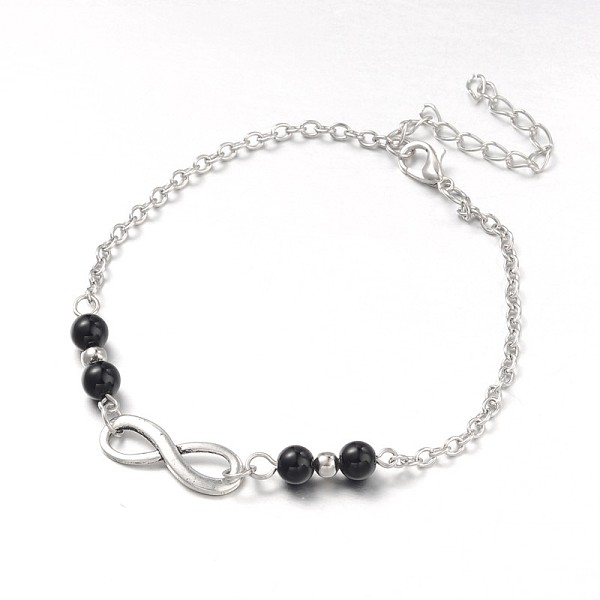 

PandaHall Fashion Tibetan Style Alloy Infinity Anklets, with Black Stone Beads, Zinc Alloy Lobster Claw Clasps and Iron Chains, Antique...