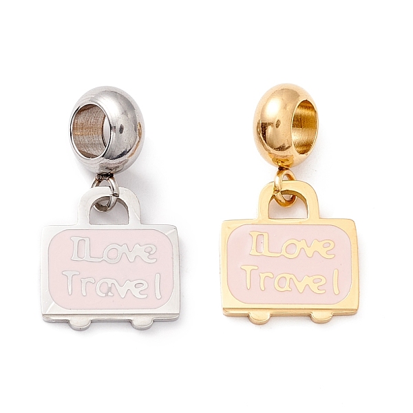 

PandaHall 304 Stainless Steel European Dangle Charms, Large Hole Pendants, with Enamel, Bag & Word I Love Travel, Golden & Stainless Steel..., Pink