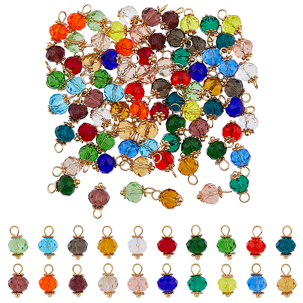 

PandaHall 100Pcs 20 Colors Electroplate Transparent Glass Charms, Faceted Rondelle Charms with Golden Tone 304 Stainless Steel Loops, Mixed..., Multicolor