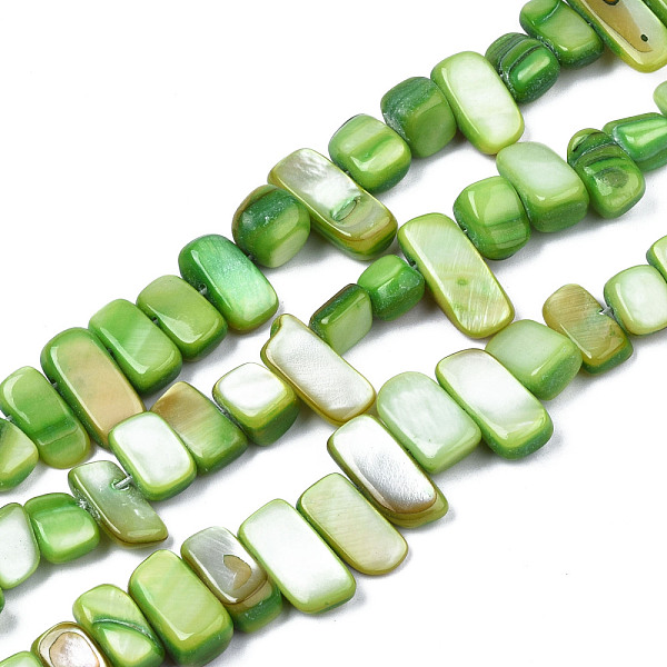 

PandaHall Natural Trochid Shell/Trochus Shell Beads Strands, Dyed, Rectangle, Lime Green, 6~11x6~36x1~7mm, Hole: 1mm, about 45~55pcs/strand...