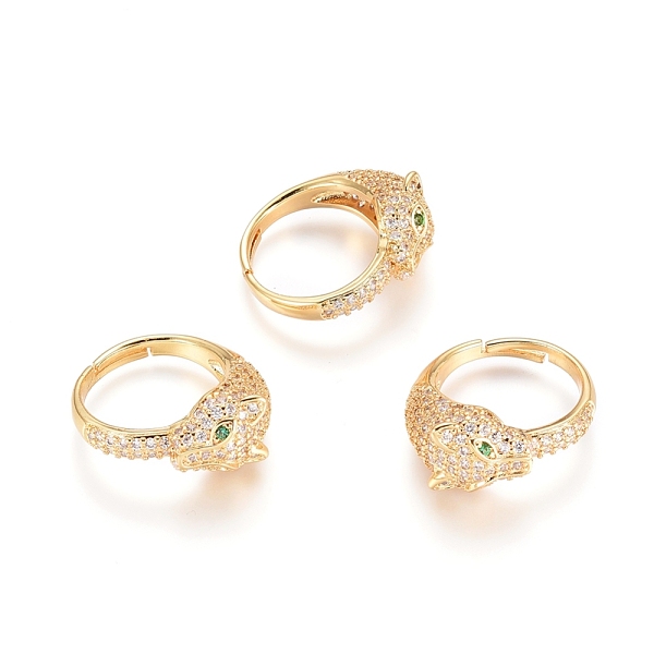 

PandaHall Adjustable Brass Finger Rings, with Micro Pave Cubic Zirconia, Long-Lasting Plated, Leopard Head, Golden, Size 7, 17mm Brass+Cubic..., Clear