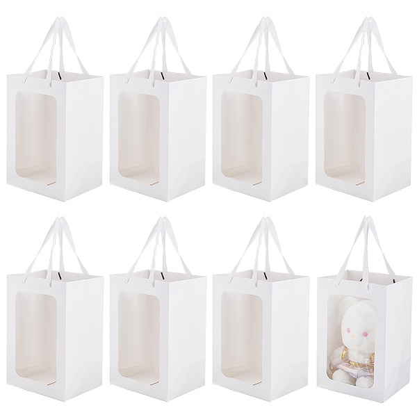PandaHall Rectangle Paper Gift Bags, with Plastic Visible Window and Polyester Handles, White, Unfold: 30x20x16cm Paper None White