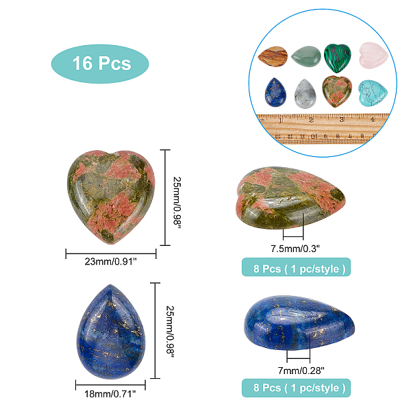 

PandaHall SUPERFINDINGS 16Pcs 16 Styles Teardrop Heart Gemstone Cabochon Healing Crystal Gemstone Cabochons Flatback Energy Stone Cab Covers...