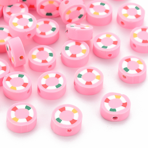 

PandaHall Handmade Polymer Clay Beads, Flat Round with Swim Ring, Pearl Pink, 10x4mm, Hole: 1.6mm Polymer Clay Flat Round
