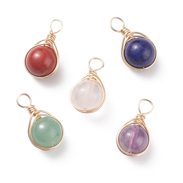 PandaHall Natural Gemstone Pendants, with Real 18K Gold Plated Copper Wire Wrapped, Round, 17.5x9.5x8.5mm, Hole: 3.3mm Mixed Stone Round