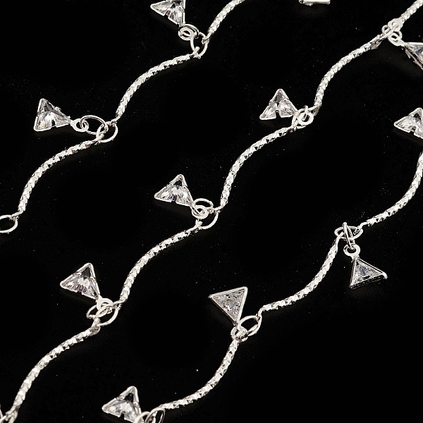 PandaHall Brass Curved Bar Link Chains, with Clear Cubic Zirconia Triangle Charms, Unwelded, with Spool, Silver, 18x1mm Brass+Cubic Zirconia