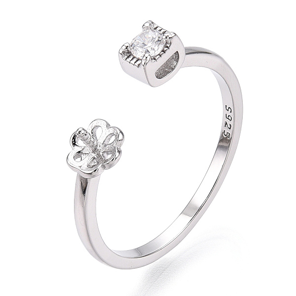 

PandaHall 925 Sterling Silver Micro Pave Cubic Zirconia Adjustable Open Cuff Ring Settings, for Half Drilled Beads, with S925 Stamp, Real..., Clear