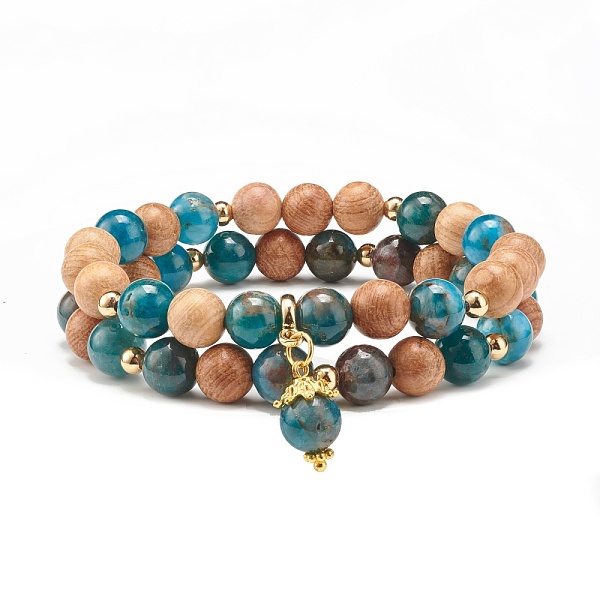 

PandaHall Natural Apatite & Wood Round Beads Stretch Bracelets Set, Yoga Prayer Jewelry for Her, Golden, Inner Diameter: 2-1/8 inch(5.5cm)...