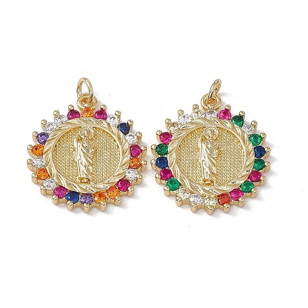 

PandaHall Brass Colorful Cubic Zirconia Pendants, with Jump Ring, Flat Round with Jesus Charms, Real 18K Gold Plated, 24x21x3mm, Hole: 3mm...