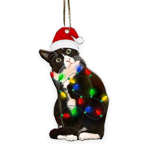 PandaHall Christmas Cat Shape Acrylic Pendant Decoration, with Nylon Rope and Iron Bell, for Car Rear View Mirror Hanging Ornament, Hat...